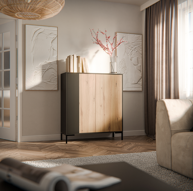 Buffet 2 portes avec pied en métal noir mat/chêne écrin 100x129 cm