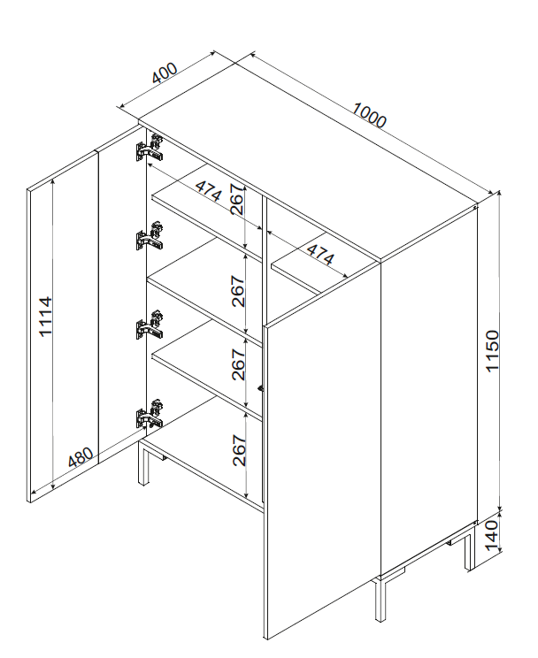 Buffet 2 portes avec pied en métal noir mat/chêne écrin 100x129 cm