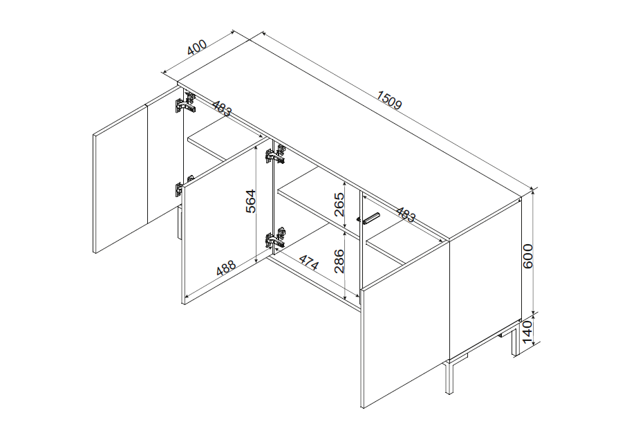Buffet 3 portes avec pied en métal noir mat/chêne écrin 151x74 cm