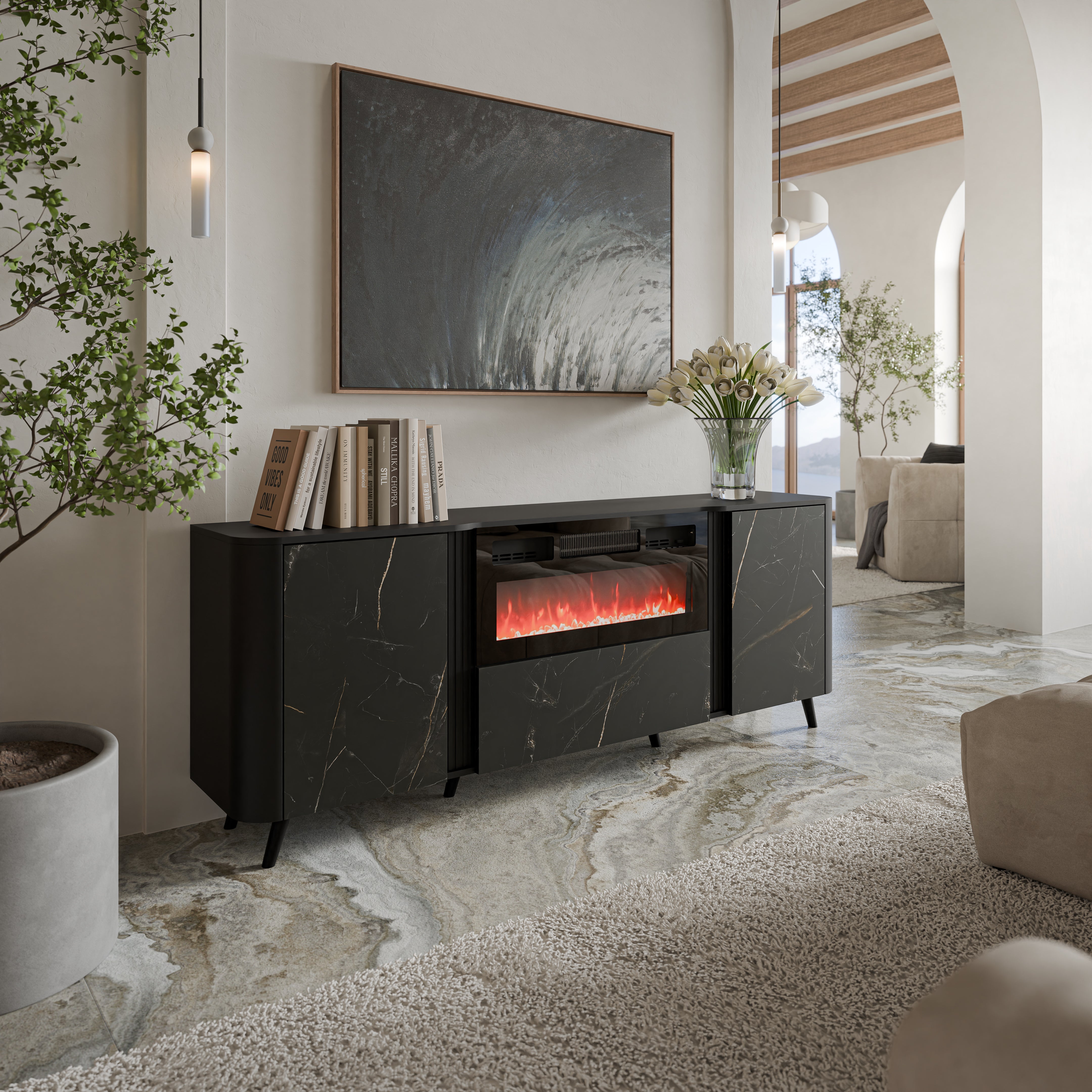 Buffet 3 portes avec cheminée intégrée Harmonie 200x75 cm