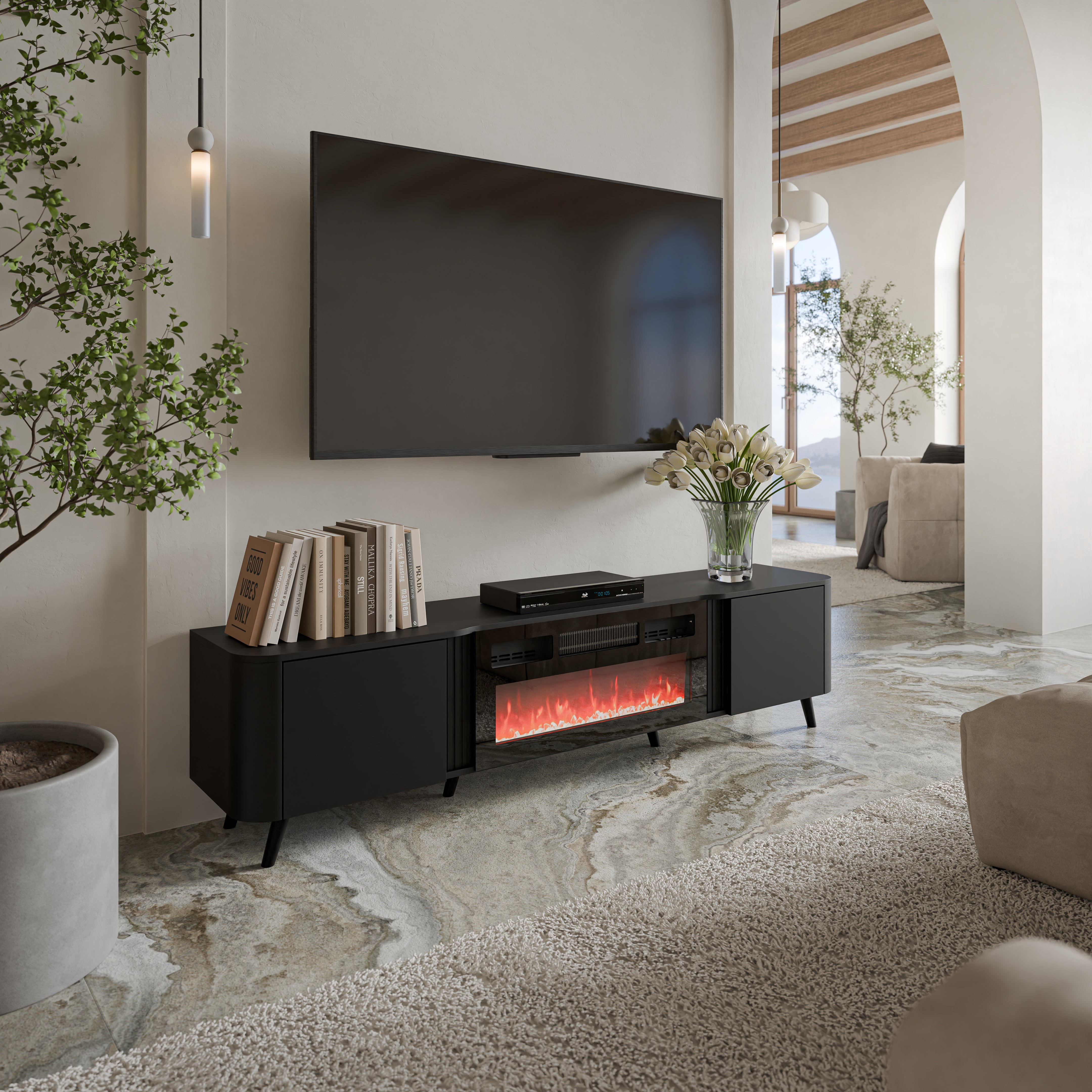 Meuble TV 2 portes avec cheminée intégrée Harmonie 200x49 cm