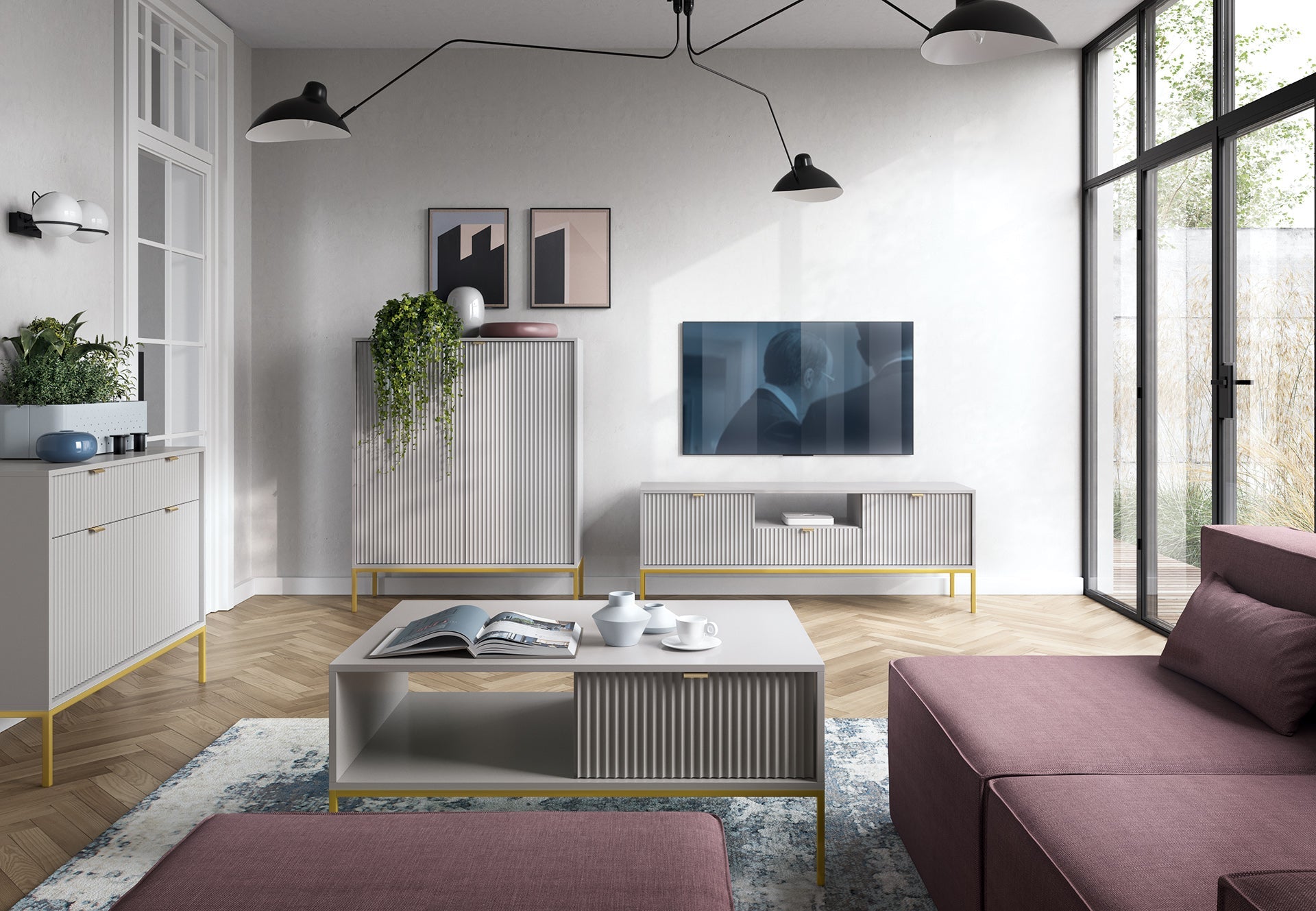 Meuble TV avec pieds en métal 2 portes et 1 tiroir en bois laminé Miseno 154x56 cm
