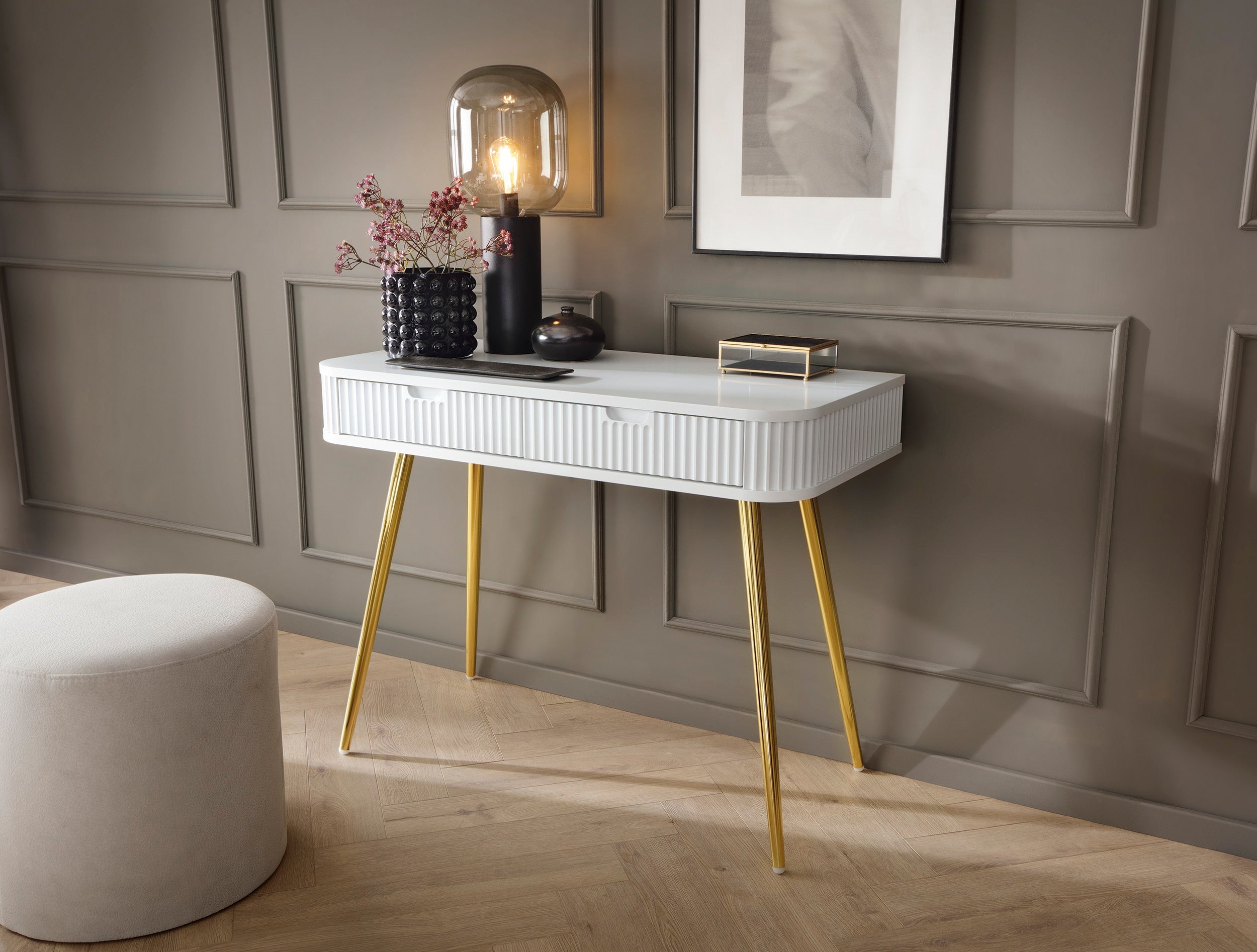 Console 2 tiroirs avec pieds en métal Calisio 103x80 cm