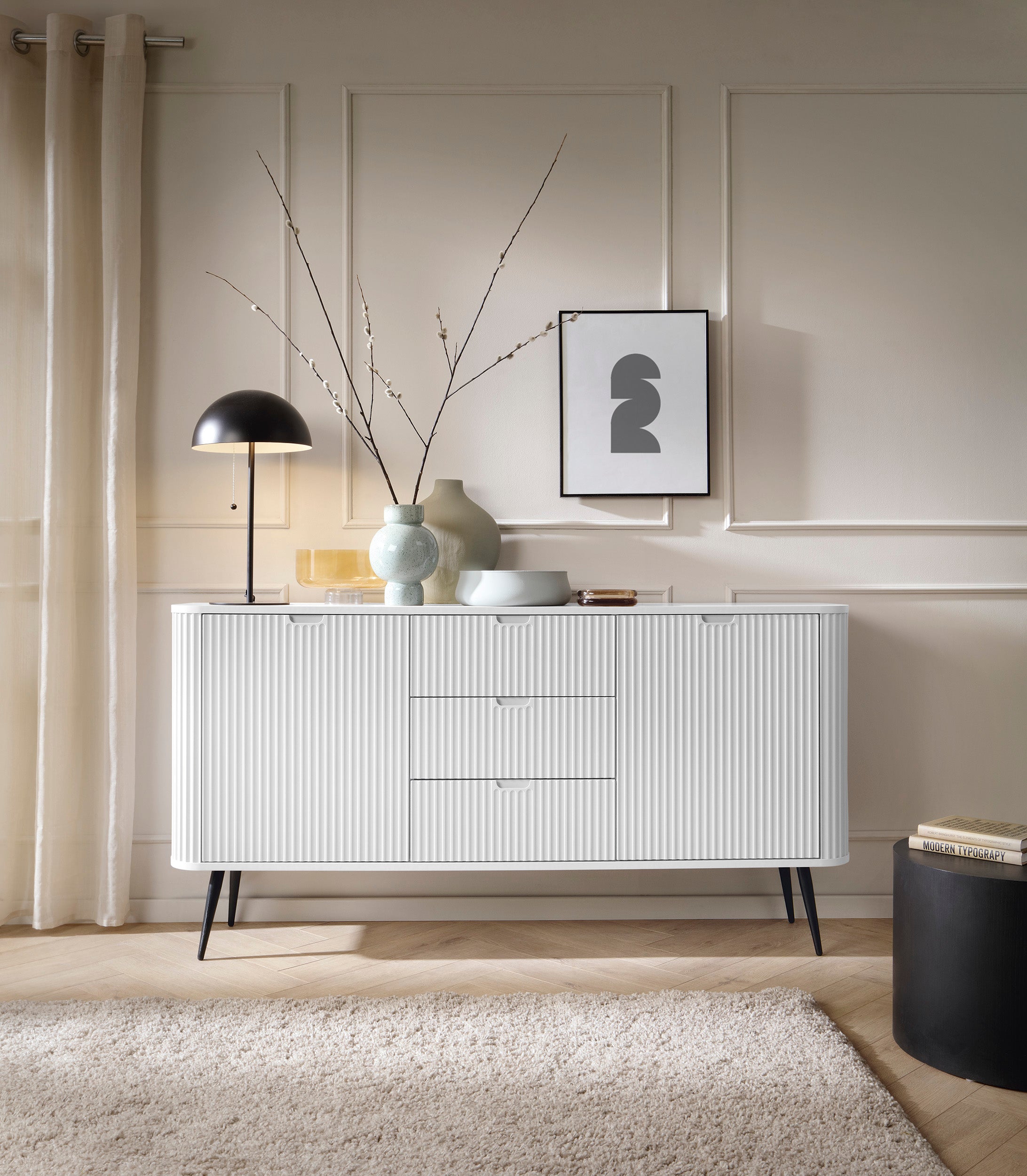 Buffet 2 portes 3 tiroirs avec pieds en métal Calisio 168x87 cm