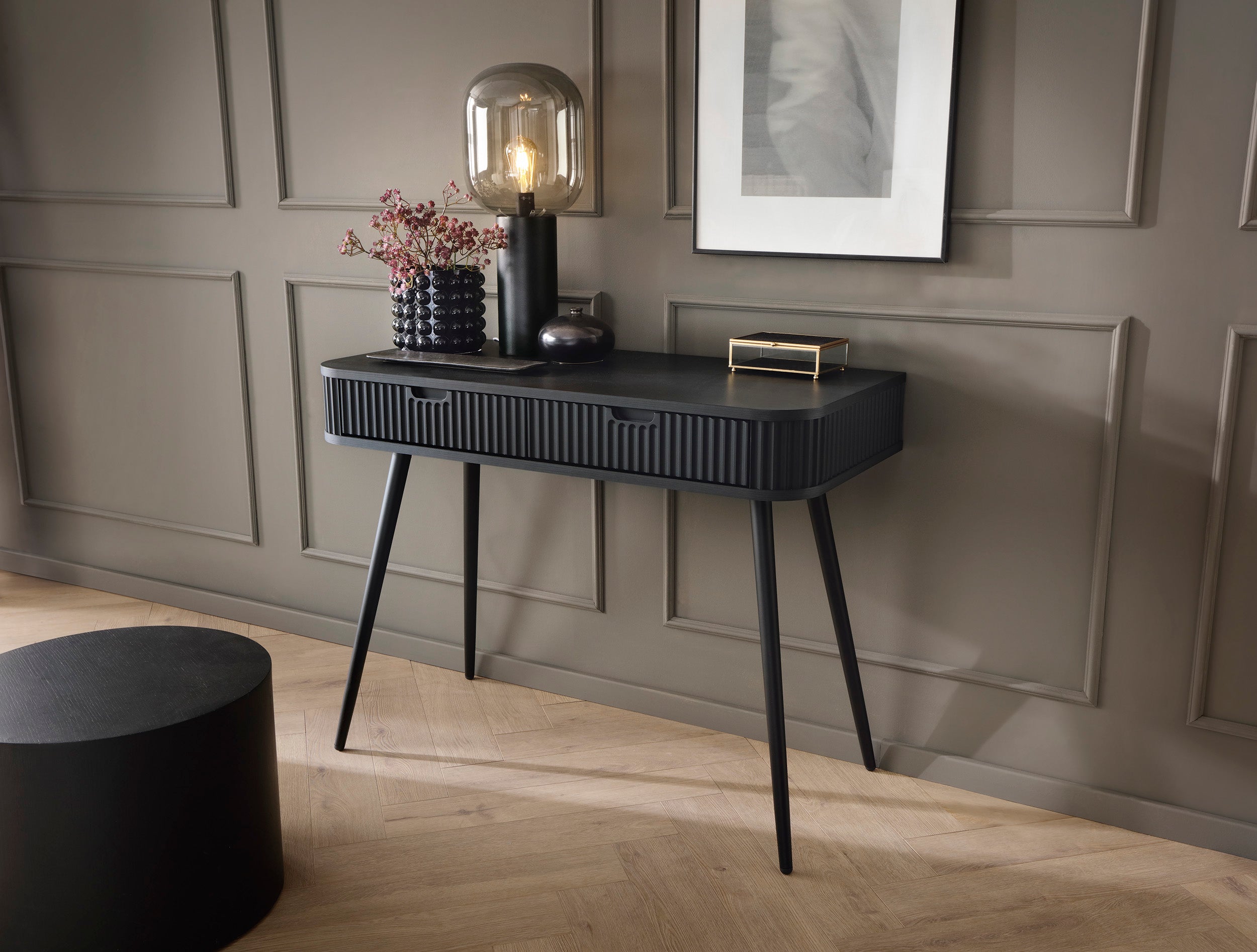 Console 2 tiroirs avec pieds en métal Calisio 103x80 cm