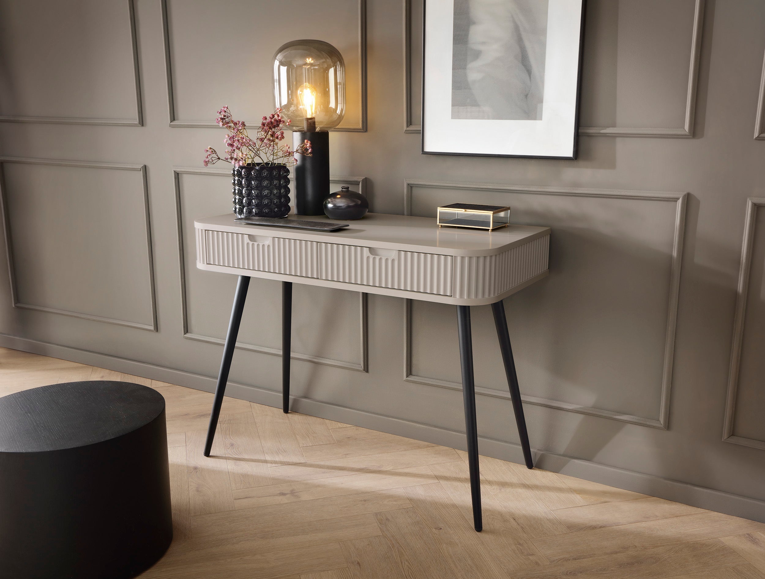 Console 2 tiroirs avec pieds en métal Calisio 103x80 cm