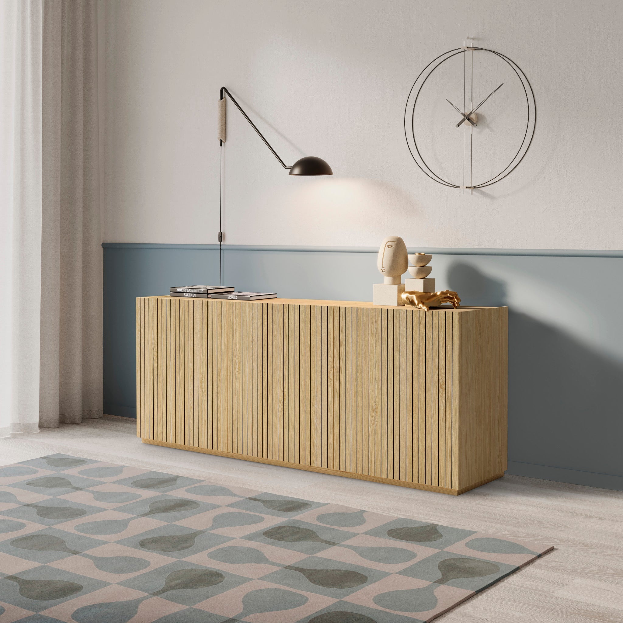 Buffet contemporain 3 portes 6 compartiments 178x41 cm Averno en bois chêne 