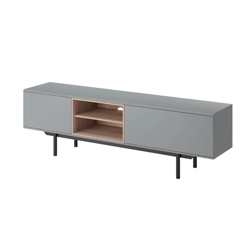 Meuble TV large avec pieds et 2 portes en bois laminé gris Fogliano 175x40 cm 