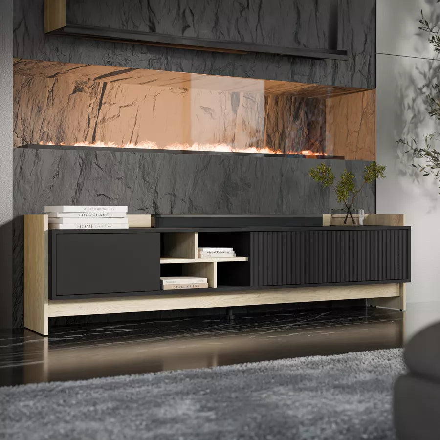 Meuble TV 3 portes noir mat/chêne Élixir 190x50 cm