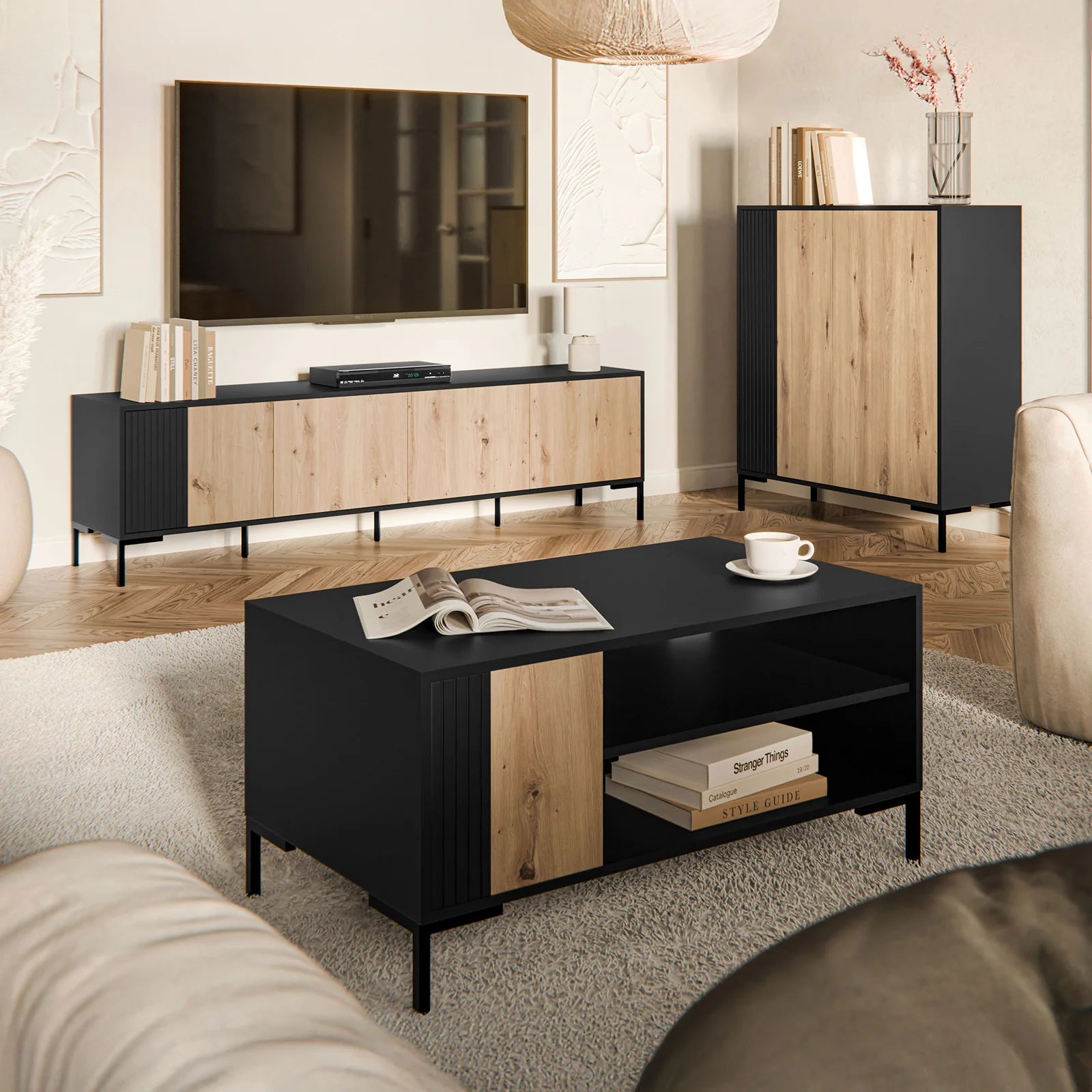 Buffet 2 portes avec pied en métal noir mat/chêne écrin 100x129 cm